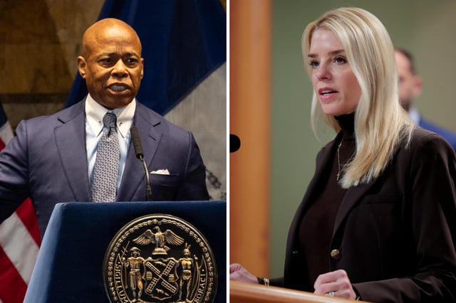 New York City Mayor Eric Adams speaks during the annual Interfaith Breakfast at the New York Public Library in New York City on January 30, 2025. U.S. Attorney General Pam Bondi speaks during a news conference at the Department of Justice Building on February 12, 2025 in Washington, DC. Bondi held the news conference to announce charges against the state of New York for failure to enforce federal immigration laws.