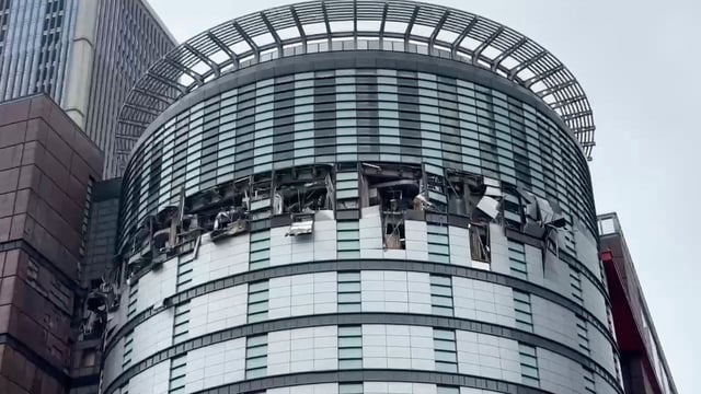 This image taken from video by Taiwan's TVBS shows the damaged facade of the Shin Kong Mitsukoshi department store after an explosion in Taichung city in Taiwan on Thursday, February 13, 2025.