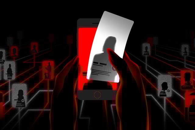 Illustration of a woman's hand holding a phone, swiping through a dating profile. The next profile glows red, while a grid in the background connects the phone to both red and white profiles