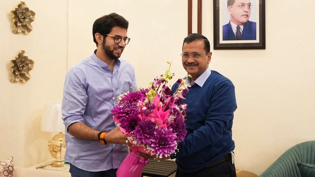 Shiv Sena (UBT) leader Aditya Thackeray meets AAP convenor Arvind Kejriwal, in New Delhi, Thursday, Feb. 13, 2025.