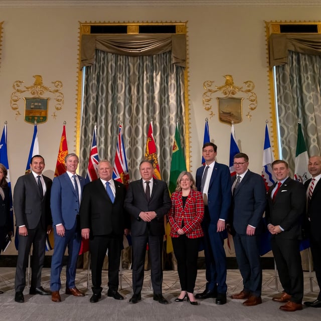 From left to right, Premier of Nunavut P.J. Akeeagok, Premier of the Northwest Territories R.J. Simpson, Premier of Alberta Danielle Smith, Premier of Manitoba Wab Kinew, Premier of Nova Scotia Tim Houston, Premier of Ontario Doug Ford, Premier of Québec François Legault, Premier of New Brunswick Susan Holt, Premier of British Columbia David Eby, Premier of Saskatchewan Scott Moe, Premier of Newfoundland and Labrador Andrew Furey, and Premier of Yukon Ranj Pillai, pose for a group photograph before speaking to reporters at the Mayflower Hotel in Washington, Wednesday, Feb. 12, 2025. THE CANADIAN PRESS/AP-Ben Curtis