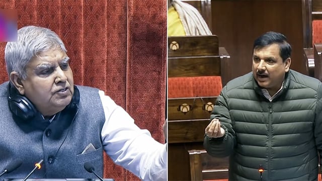 New Delhi, Feb 13 (ANI): Rajya Sabha Chairman Jagdeep Dhankar listens to Aam Aadmi Party (AAP) MP Sanjay Singh during the Budget Session, in New Delhi on Thursday. (ANI Photo/Sansad TV)