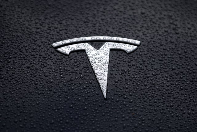 The Tesla logo is displayed on the hood of a Tesla car on May 20, 2019 in Corte Madera, California.