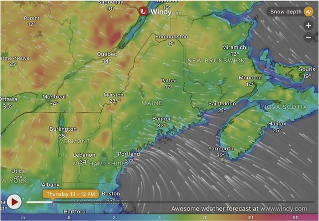This image, taken from Windy.com on February 13, 2025, shows upcoming snow forecasts for parts of Maine.