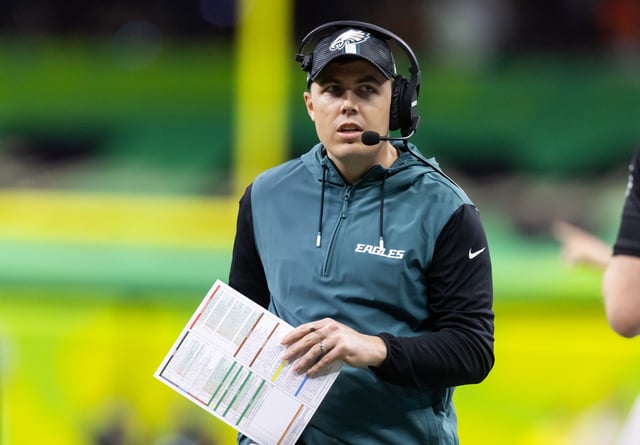 Feb 9, 2025; New Orleans, LA, USA;  Philadelphia Eagles offensive coordinator Kellen Moore against the Kansas City Chiefs during Super Bowl LIX at Ceasars Superdome. Mandatory Credit: Mark J. Rebilas-Imagn Images/File Photo