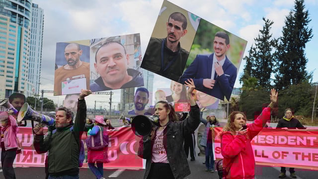 Relatives and supporters of Israeli hostages held in Gaza during a protest calling for the release of all hostages
