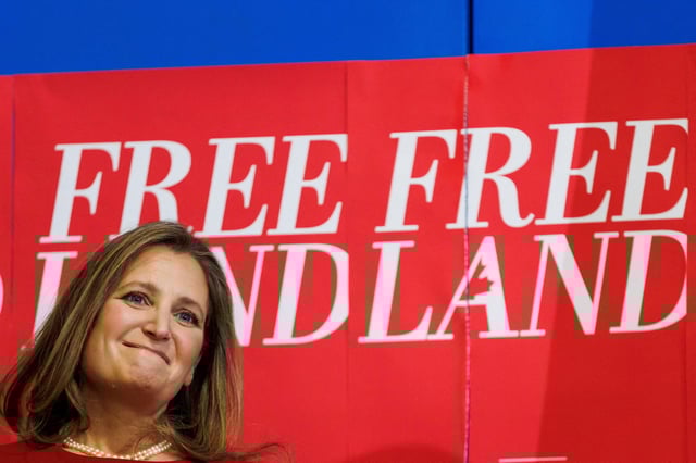 Chrystia Freeland, who served as Canada's Finance Minister, reacts as attends a campaign event after announcing on social media that she will run to replace her former boss, Prime Minister Justin Trudeau as leader of the ruling Liberal Party, in Toronto, Ontario, Canada January 19, 2025.  REUTERS/Cole Burston/File Photo