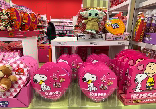 Boxes of Valentine's Day chocolates are displayed on a shelf at a Target store on February 12, 2025 in San Rafael, California. Valentine's Day chocolates could cost up to 20 percent more this year as cocoa prices have surged to record levels in recent months.