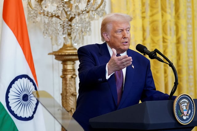 U.S. President Donald Trump speaks during a joint press conference with Indian Prime Minister Narendra Modi at the White House in Washington, D.C., U.S., February 13, 2025. REUTERS/Nathan Howard