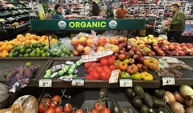 Organic produce is displayed at a supermarket in Monterey Park, California, on February 12, 2025.