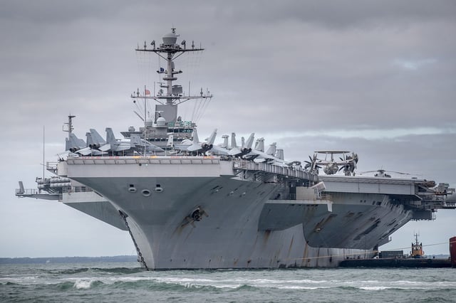 The US warship USS Harry S. Truman is pictured anchored in The Solent on October 8, 2018 near Portsmouth, England.