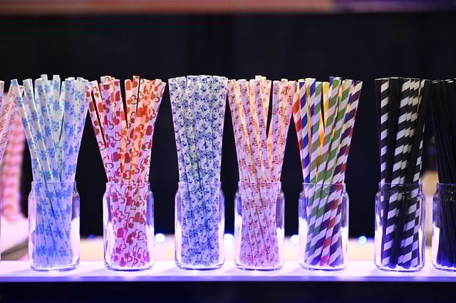 Paper straws on display at the 2023 Bar & Restaurant Expo and World Tea Expo at the Las Vegas Convention Center on March 29, 2023 in Las Vegas, Nevada.