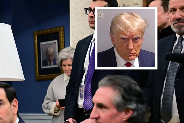 The mughsot of Donald Trump can be seen hung up just outside the door of the Oval Office, behind the head of White House Chief of Staff Susie Wiles, during President Trump&#39;s meeting with India&#39;s leader Narendra Modi.