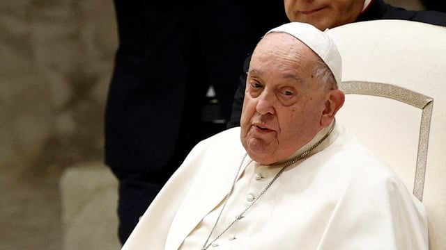 Pope Francis looks on during the Jubilee audience in Paul VI hall at the Vatican, February 1, 2025.