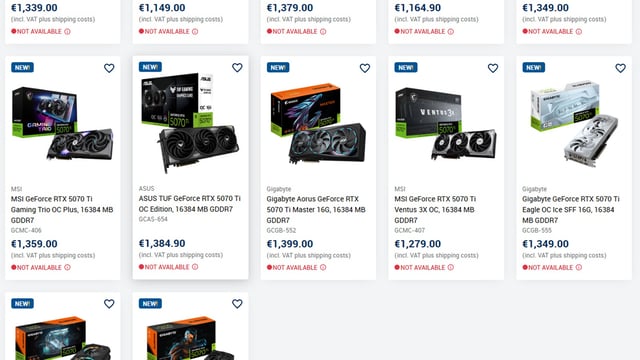 Screenshot of Caseking RTX 5070 Ti listings