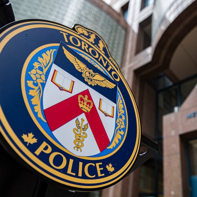 The Toronto Police Services emblem is photographed during a press conference at TPS headquarters, in Toronto, Tuesday, May 17, 2022. THE CANADIAN PRESS/Christopher Katsarov
