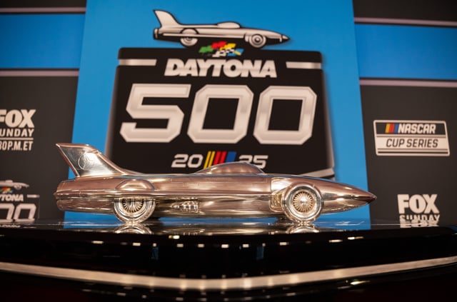 Feb 12, 2025; Daytona Beach, Florida, USA; Detailed view of the The Harley J Earl trophy NASCAR Cup Series Daytona 500 media day at Daytona International Speedway. Mandatory Credit: Mark J. Rebilas-Imagn Images/File Photo