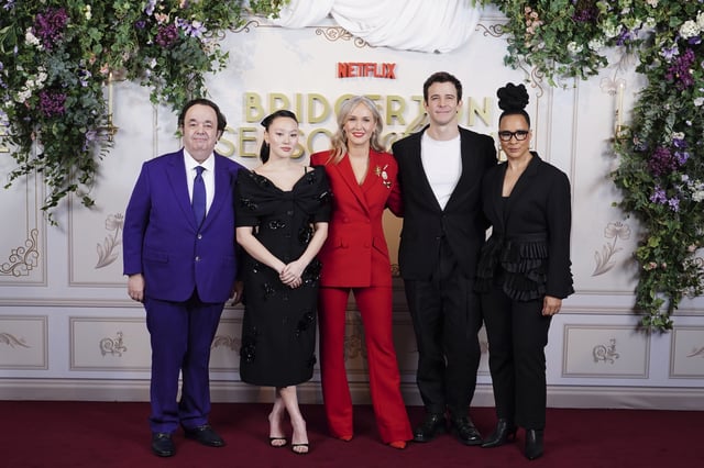 Hugh Sachs, Yerin Ha, Jess Brownell, Luke Thompson and Golda Rosheuvel at the Bridgerton: Season of Love Valentine&#39;s event hosted by Netflix in Whitehall, London on February 14, 2025.