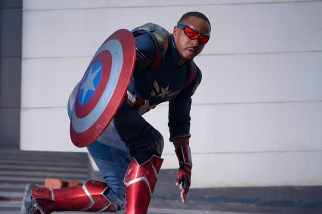 This image released by Disney shows Anthony Mackie in a scene from Marvel Studios’ “Captain America: Brave New World.” (Eli Adé/Marvel Studios-Disney via AP)