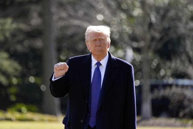 President Donald Trump walks to board Marine One as he departs from the South Lawn of the White House, Friday, February 14, 2025, in Washington.