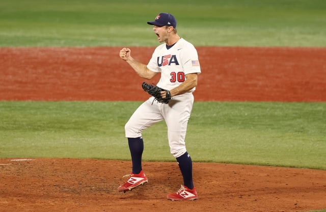 YOKOHAMA, JAPAN - JULY 31: David Robertson #30 of Team United States celebrates winning the game 4-2 during the baseball opening round Group B game between Team South Korea and Team United States on day eight of the Tokyo 2020 Olympic Games at Yokohama Baseball Stadium on July 31, 2021 in Yokohama, Kanagawa, Japan.