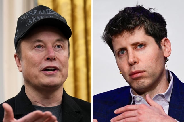 Left, xAI&#39;s Elon Musk delivers remarks as he join U.S. President Donald Trump during an executive order signing in the Oval Office at the White House on February 11, 2025 in Washington, DC. Right, OpenAI CEO Sam Altman speaks at a panel discussion on potentials, perspectives and challenges in the age of Artificial Intelligence (AI) at the Technical University (TU) in Berlin on February 7, 2025.