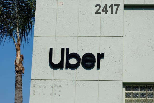The Uber logo is shown on the building in Los Angeles, California, U.S., February 14, 2024.  REUTERS/Mike Blake/File Photo