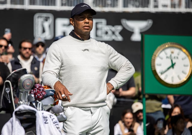 Feb 15, 2024; Pacific Palisades, California, USA; Tiger Woods on the tenth hole during the first round of The Genesis Invitational golf tournament. Mandatory Credit: Jason Parkhurst-USA TODAY Sports/File Photo