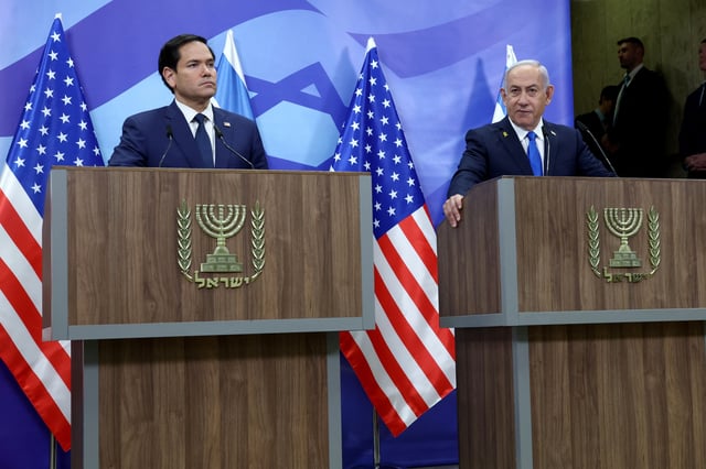 U.S. Secretary of State Marco Rubio and Israeli Prime Minister Benjamin Netanyahu make joint statements to the press at the Prime Minister's office in Jerusalem, January 16, 2025. Reuters/Evelyn Hockstein/Pool