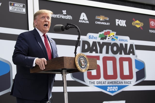 FILE - President Donald Trump speaks before the start of the NASCAR Daytona 500 auto race at Daytona International Speedway in Daytona Beach, Fla., Feb. 16, 2020. (AP Photo/Alex Brandon, File)