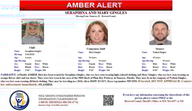 A statewide Amber Alert was issued Sunday, Feb. 16, 2025, for Seraphina Gingles, 4, (far left). (Image: FDLE)