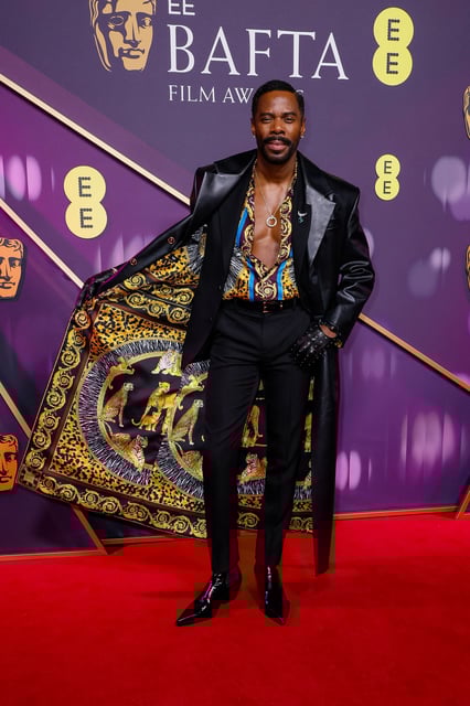 Coleman Domingo's Versace silk shirt and leather jacket, complete with ornate animal-printed interior, was one of the more daring looks of the evening.