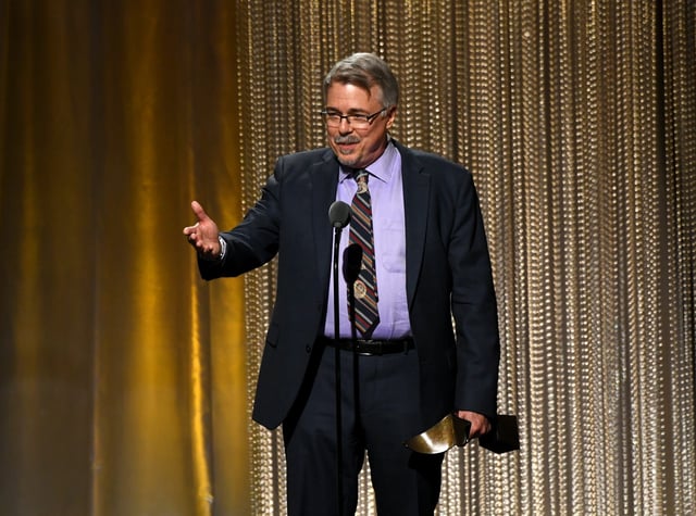 Vince Gilligan addresses the crowd at the Writers Guild Awards on Feb. 15, 2025, in Beverly Hills, California.