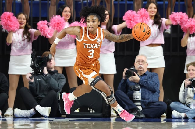 Rori Harmon #3 of the Texas Longhorns dribbles ball during the game against the Kentucky Wildcats at Historic Memorial Coliseum on February 13, 2025 in Lexington, Kentucky.