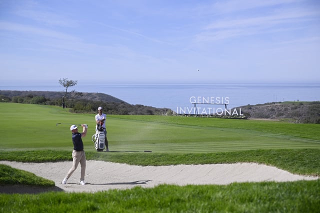 Mackenzie Hughes of Canada plays his shot from the bunker on the 17th hole during the final round of The Genesis Invitational 2025 at Torrey Pines Golf Course on February 16, 2025 in La Jolla, California.