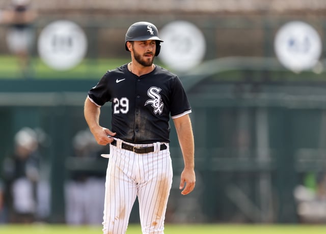 Mar 6, 2024; Phoenix, Arizona, USA; Chicago White Sox infielder Paul DeJong against the Los Angeles Dodgers during a spring training baseball game at Camelback Ranch-Glendale. Mandatory Credit: Mark J. Rebilas-USA TODAY Sports/File Photo