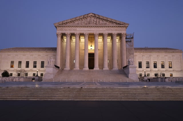 The U.S. Supreme Court is seen at dusk on January 18, 2025 in Washington, DC. (Photo by Kevin Carter/Getty Images)