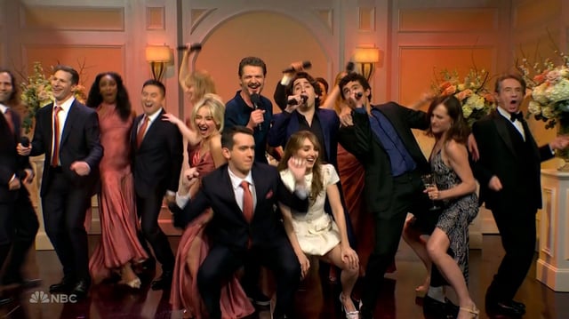 (From left) Kyle Mooney, Andy Samberg, Ego Nwodim, Bowen Yang, Sabrina Carpenter, Andrew Dismukes, Pedro Pascal, Marcello Hernández, Chloe Fineman and Bad Bunny on 'SNL50: The Anniversary Special' on Sunday.