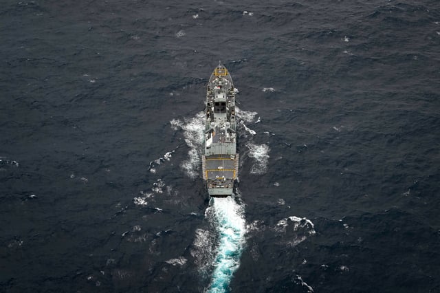 The Royal Canadian Navy frigate HMCS Ottawa sails in international waters during Exercise Noble Wolverine in the South China Sea on January 11, 2025.