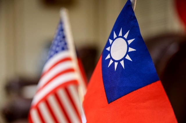The Taiwanese and American flags in Taipei, Taiwan on February 22, 2024.