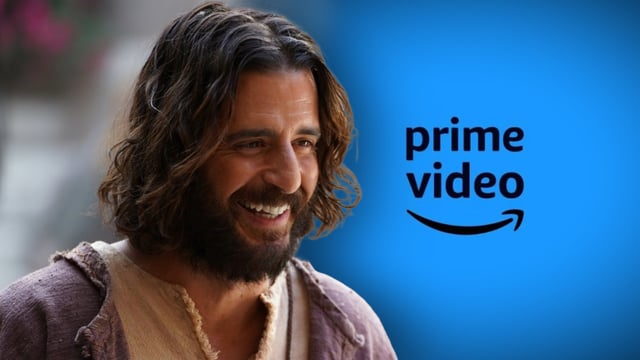 Jonathan Roumie as Jesus in The Chosen and a Prime Video logo