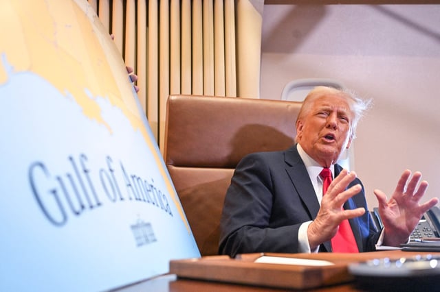 US President Donald Trump speaks to the press after signing a proclamation renaming the Gulf of Mexico as the Gulf of America aboard Air Force One, as it flies over the Gulf enroute to New Orleans, Louisiana on Febrary 09, 2025.