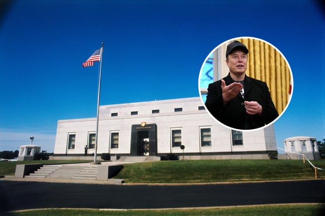 Exterior view of the United States Bullion Depository at Ft. Knox, Kentucky. Tesla and SpaceX CEO Elon Musk delivers remarks as he join U.S. President Donald Trump during an executive order signing in the Oval Office at the White House on February 11, 2025 in Washington, DC.