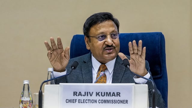 Outgoing chief election commissioner Rajiv Kumar during a press conference on October 15, 2024. (PTI)