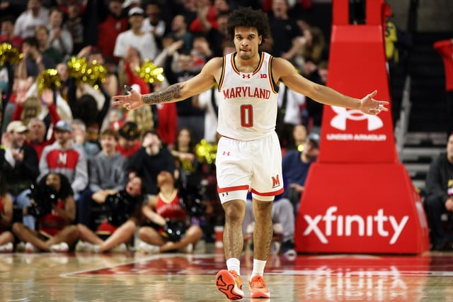 Maryland guard Ja&#39;Kobi Gillespie (0) celebrates during the second half of an NCAA college basketball game against Iowa, Sunday, Feb. 16, 2025, in College Park, Md. (AP Photo/Daniel Kucin Jr.)