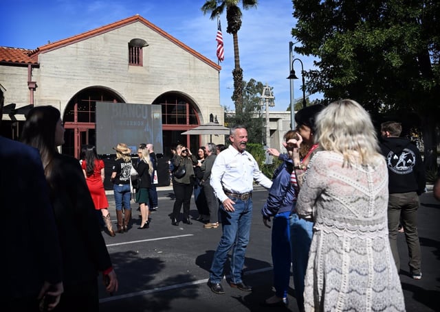 Riverside County Sheriff Chad Bianco greets guests outside Avila’s 1929 on Monday, Feb. 17, 2025, as they arrive at a press conference where the sheriff is expected to announce that he is running for Governor of California. (Photo by Anjali Sharif-Paul, The Sun/SCNG)
