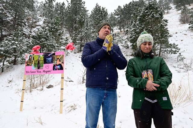 From right: Vanessa Diaz and Joe Trussell, parents of University of Colorado Boulder student Megan Trussell, speak during a memorial ceremony near Mile Marker 40 in Boulder Canyon on Monday. On Saturday, Boulder Open Space and Mountain Parks rangers found a body believed to be Trussell. (Matthew Jonas/Staff Photographer)