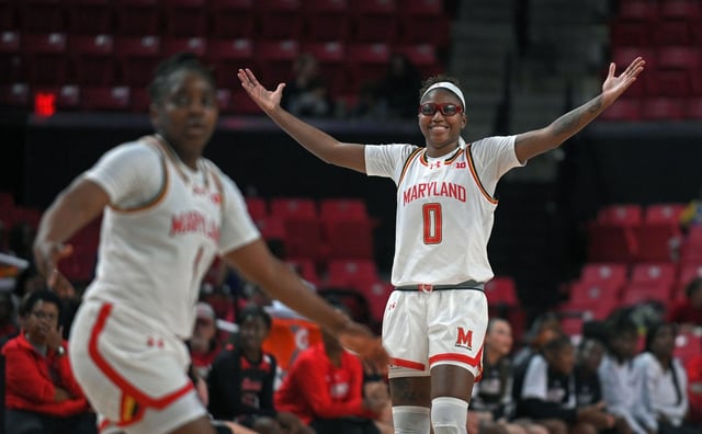 Maryland’s Shyanne Sellers, right, celebrates after scoring against Saint Francis in the third quarter. Maryland defeated Saint Francis 107-35 at Xfinity Center. (Kenneth K. Lam/Staff)
