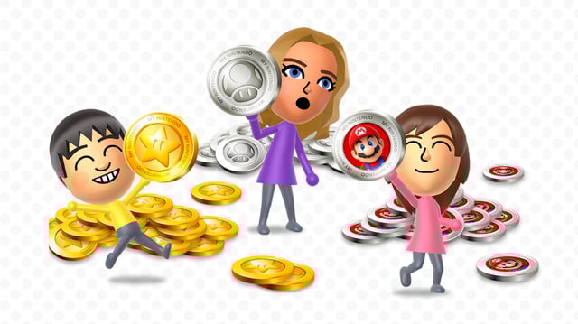 Nintendo Miis holding up Gold Points, Platinum Points, and game-specific points from the My Nintendo rewards program.