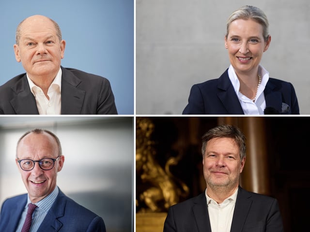 Olaf Scholz, Friedrich Merz, Alice Weidel und Robert Habeck treten als Kanzlerkandidaten für die Bundestagswahl 2025 an.